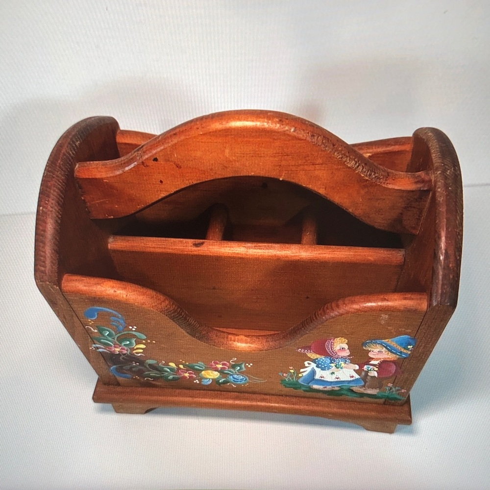 Folk Art Hand-Painted Wooden Carry Caddy with Children Motif - Picture 3 of 10